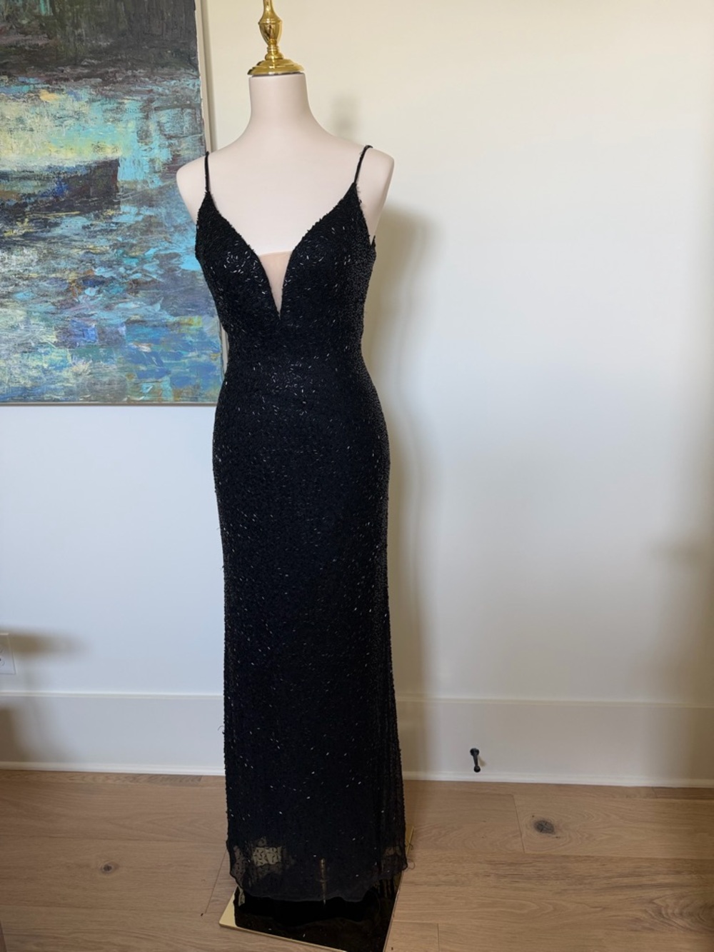 Sherri Hill Black Beaded Spaghetti-Strap Maxi Gown